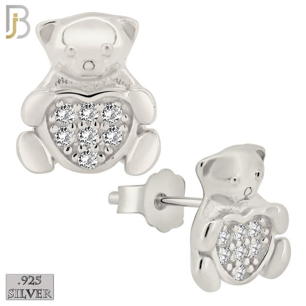 925-ES372 - Push Back -  .925 Sterling Silver Bear with Pave Heart Shaped Center Stud Earrings image 1