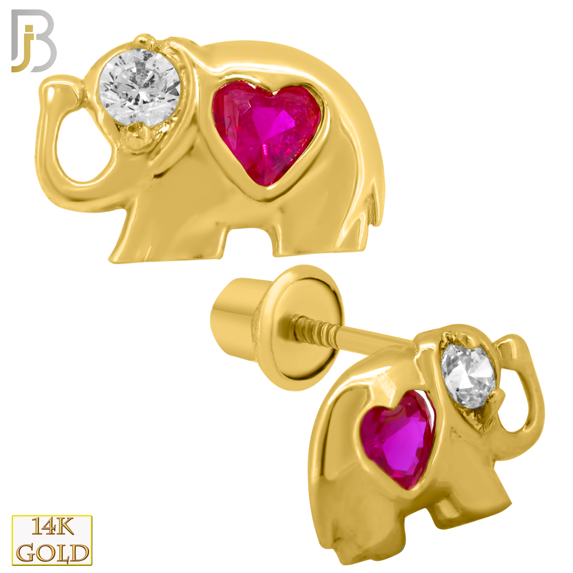 14-ES211 - 14k Solid Gold Elephant Design Earring Stud with Dark Pink Heart Shaped Zircon image 0