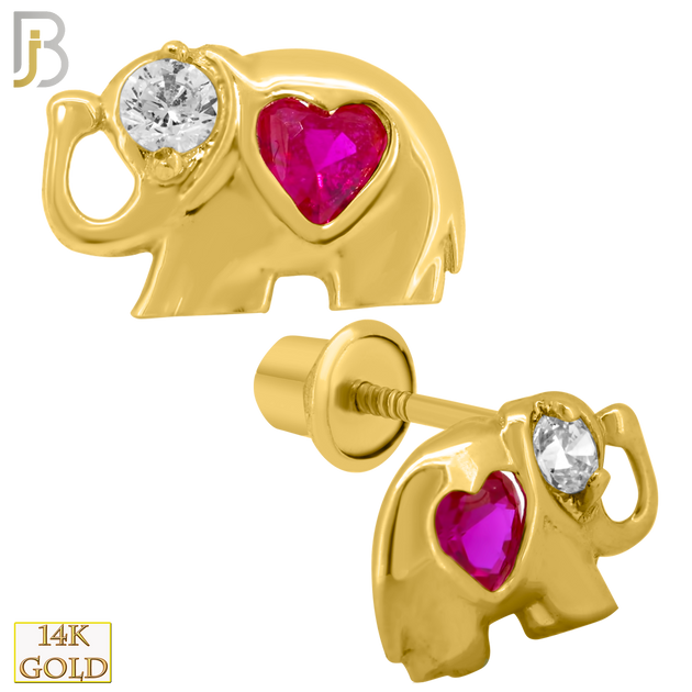 14-ES211 - 14k Solid Gold Elephant Design Earring Stud with Dark Pink Heart Shaped Zircon image 0