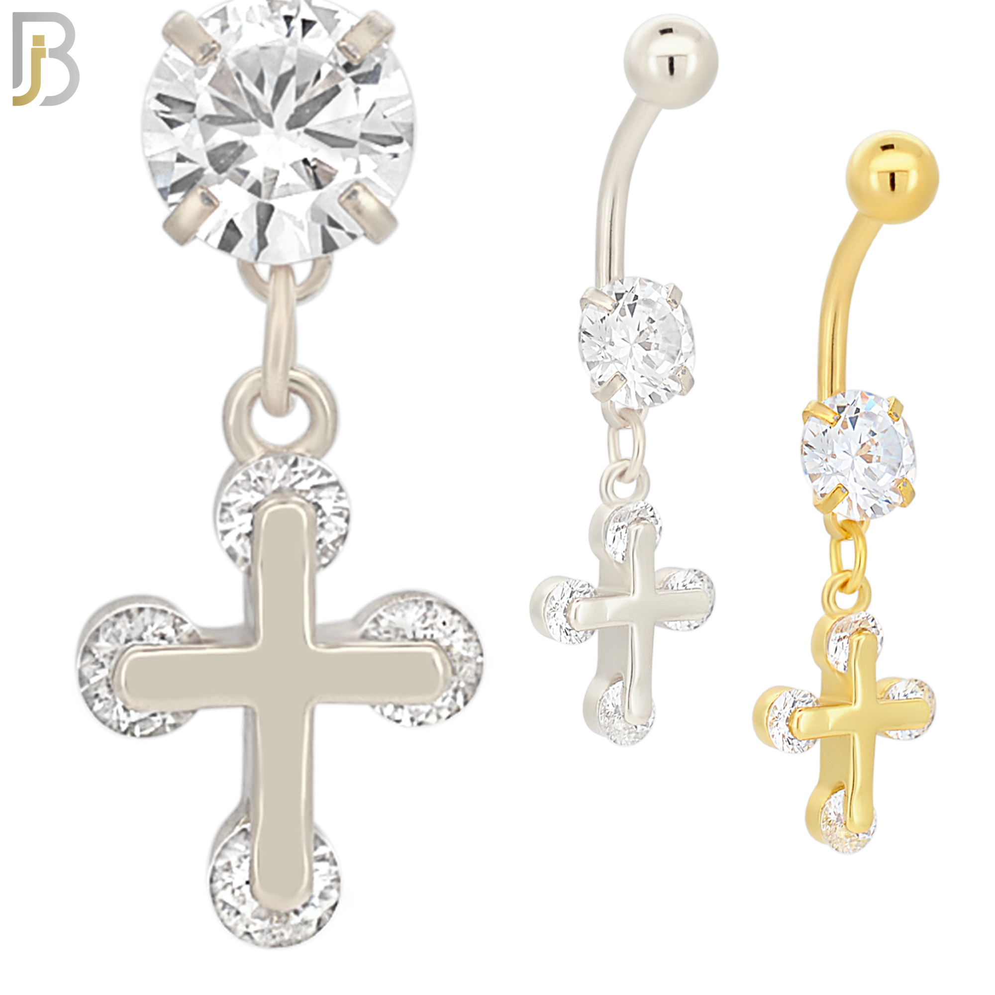 N035 - 316L Stainless Steel Dangling Cross with Zircon Design Belly Ring with 5mm Screw Ball image 0