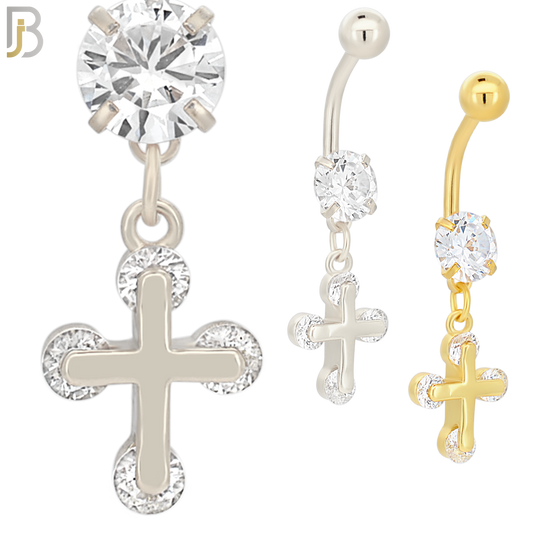 N035 - 316L Stainless Steel Dangling Cross with Zircon Design Belly Ring with 5mm Screw Ball image 0
