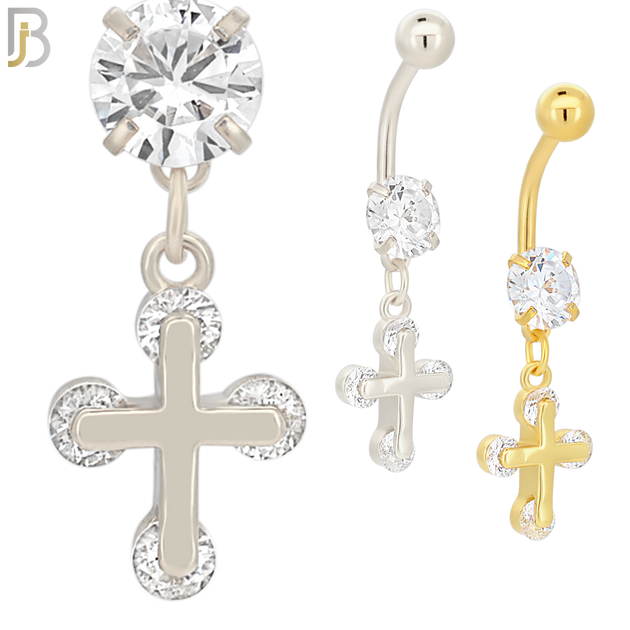 N035 - 316L Stainless Steel Dangling Cross with Zircon Design Belly Ring with 5mm Screw Ball image 0