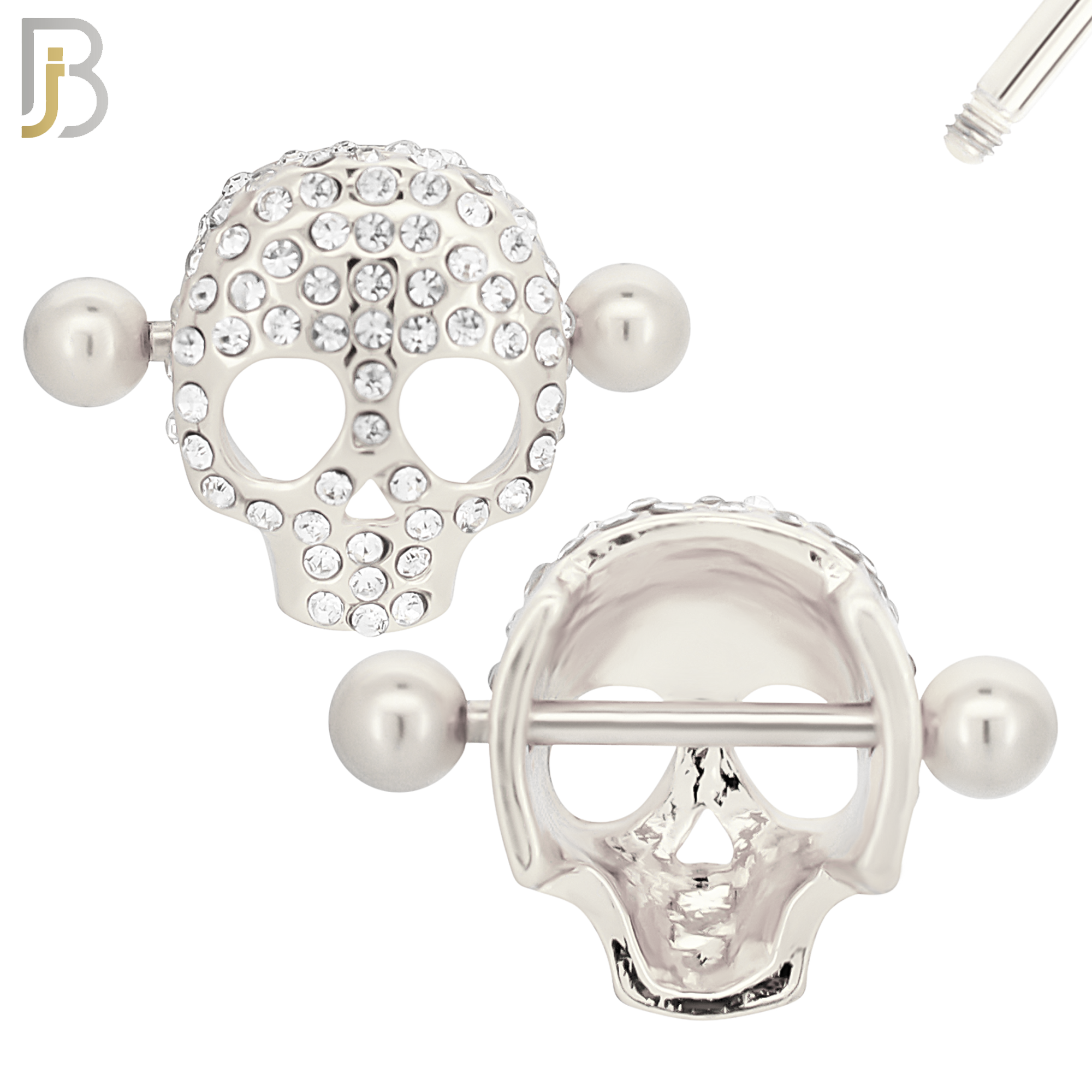 NP35 - 316L Surgical Steel Screw Shield Barbell with Alloy Skull Design Zircon Pair image 1