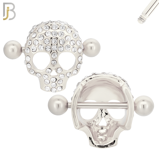 NP35 - 316L Surgical Steel Screw Shield Barbell with Alloy Skull Design Zircon Pair image 1