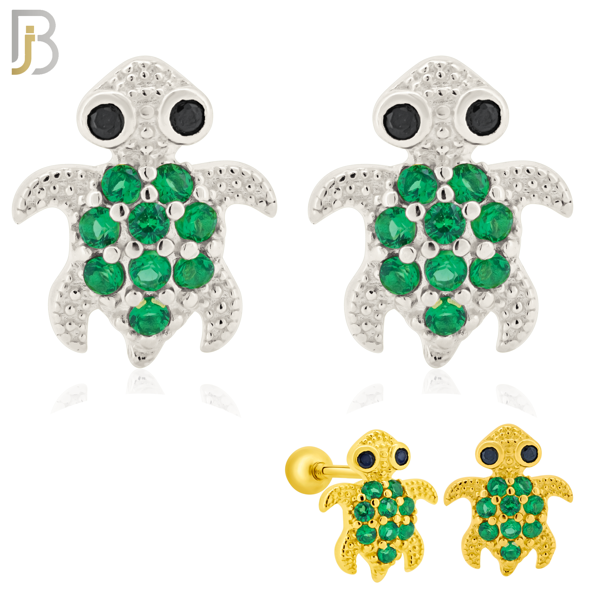 925-ES195 - Screw Ball Back - .925 Sterling Silver Turtle Design Earring Stud with Green Zircon image 0