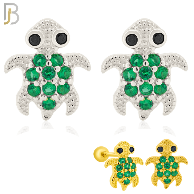 925-ES195 - Screw Ball Back - .925 Sterling Silver Turtle Design Earring Stud with Green Zircon image 0