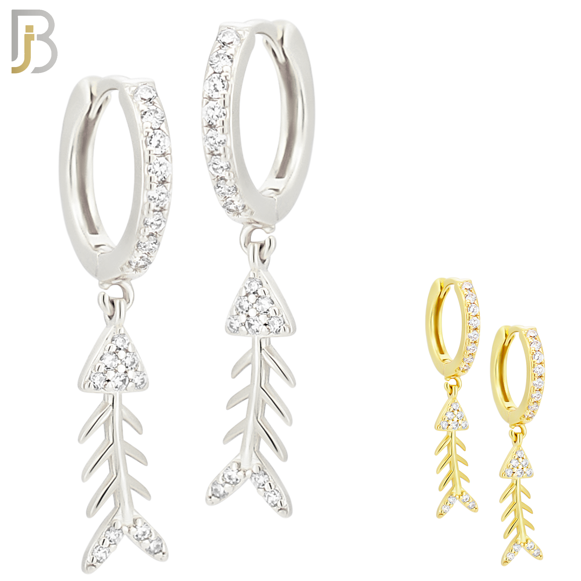 ES113 - 316L Stainless Steel Dangling Skeleton Fish with Zircon Huggies Clip On image 0