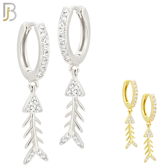 ES113 - 316L Stainless Steel Dangling Skeleton Fish with Zircon Huggies Clip On image 0