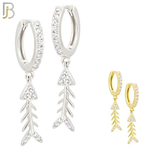 ES113 - 316L Stainless Steel Dangling Skeleton Fish with Zircon Huggies Clip On image 0