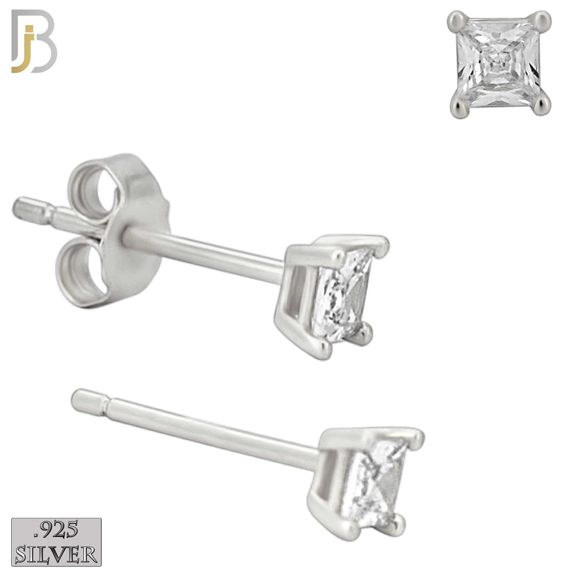 925-ES72-SC - .925 Sterling Silver Rhodium Plated Earring Stud Casting Square Princess Cut Prong Setting Clear Zircon image 2