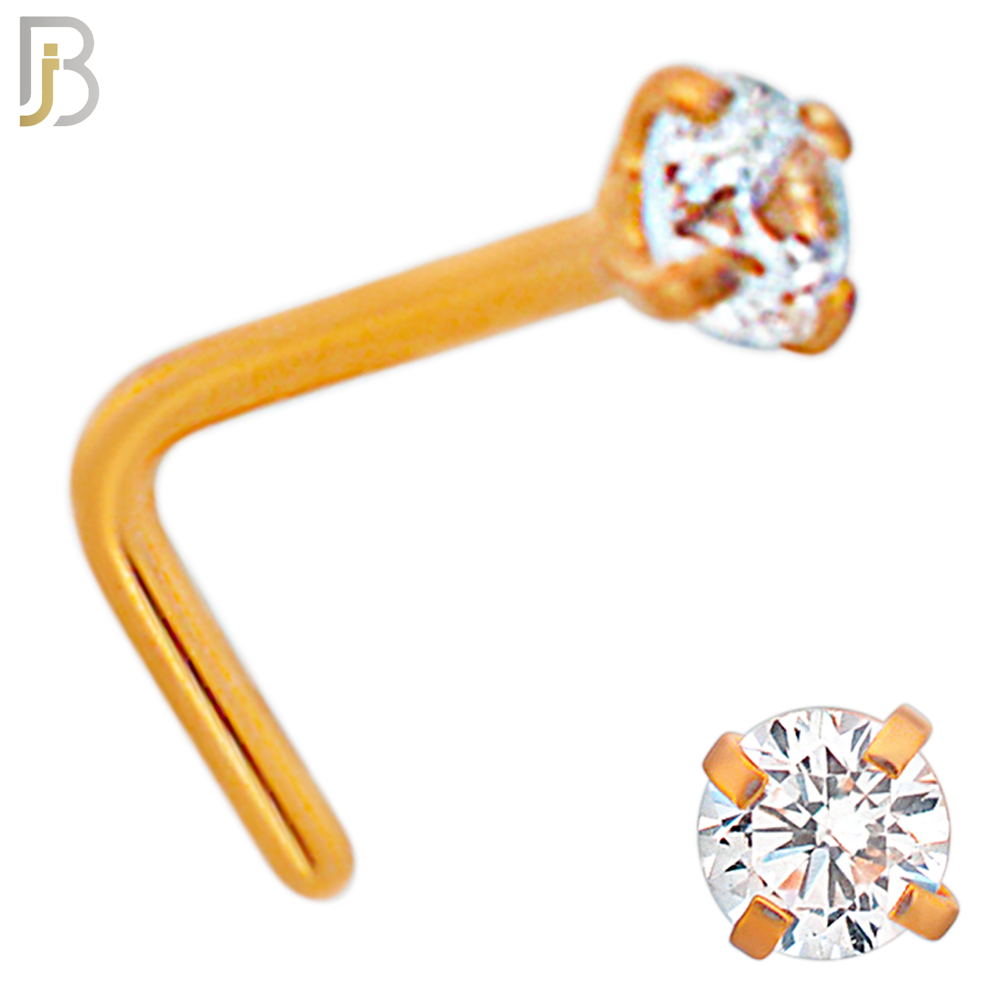NR10R - 316L Surgical Steel Rose Gold Plated Nose L-Shape Prong Set Zircon Round Nose Ring (PACK OF 6) image 3