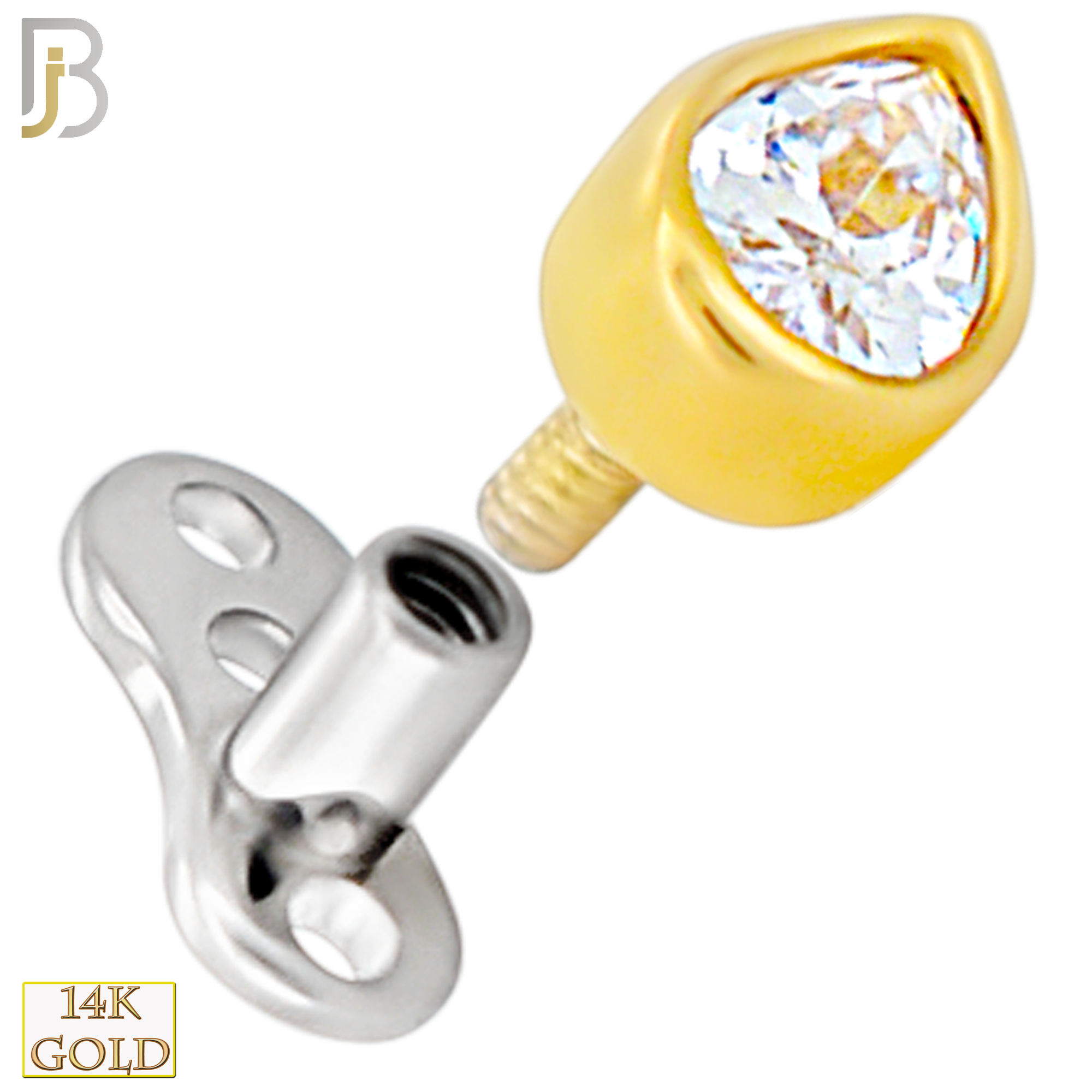 14-G23-DM11 - 14k Titanium Anchor with 14k Gold Top Pear Shaped CZ in Bezel Set Dermal  - Internally Threaded image 2