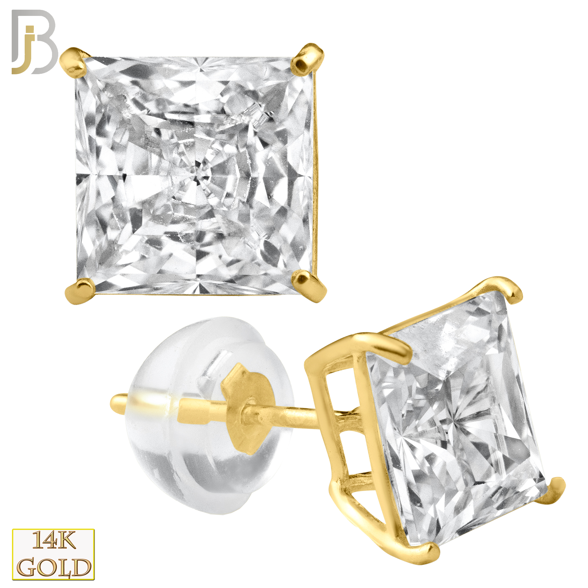 14-ES07YC - 14K Yellow Gold Silicone Back Stud Earrings Casting Prong Setting with Square Clear Zircon image 1