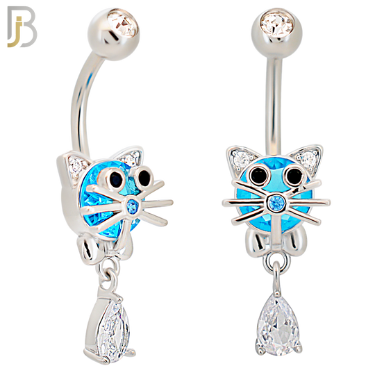 NB79 - 316L Stainless Steel Cat Head with Aqua Round Zircon and Dangling Pear Shaped Zircon Belly Ring image 0