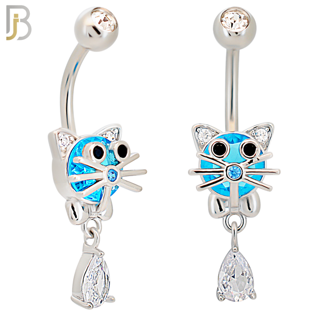 NB79 - 316L Stainless Steel Cat Head with Aqua Round Zircon and Dangling Pear Shaped Zircon Belly Ring image 0