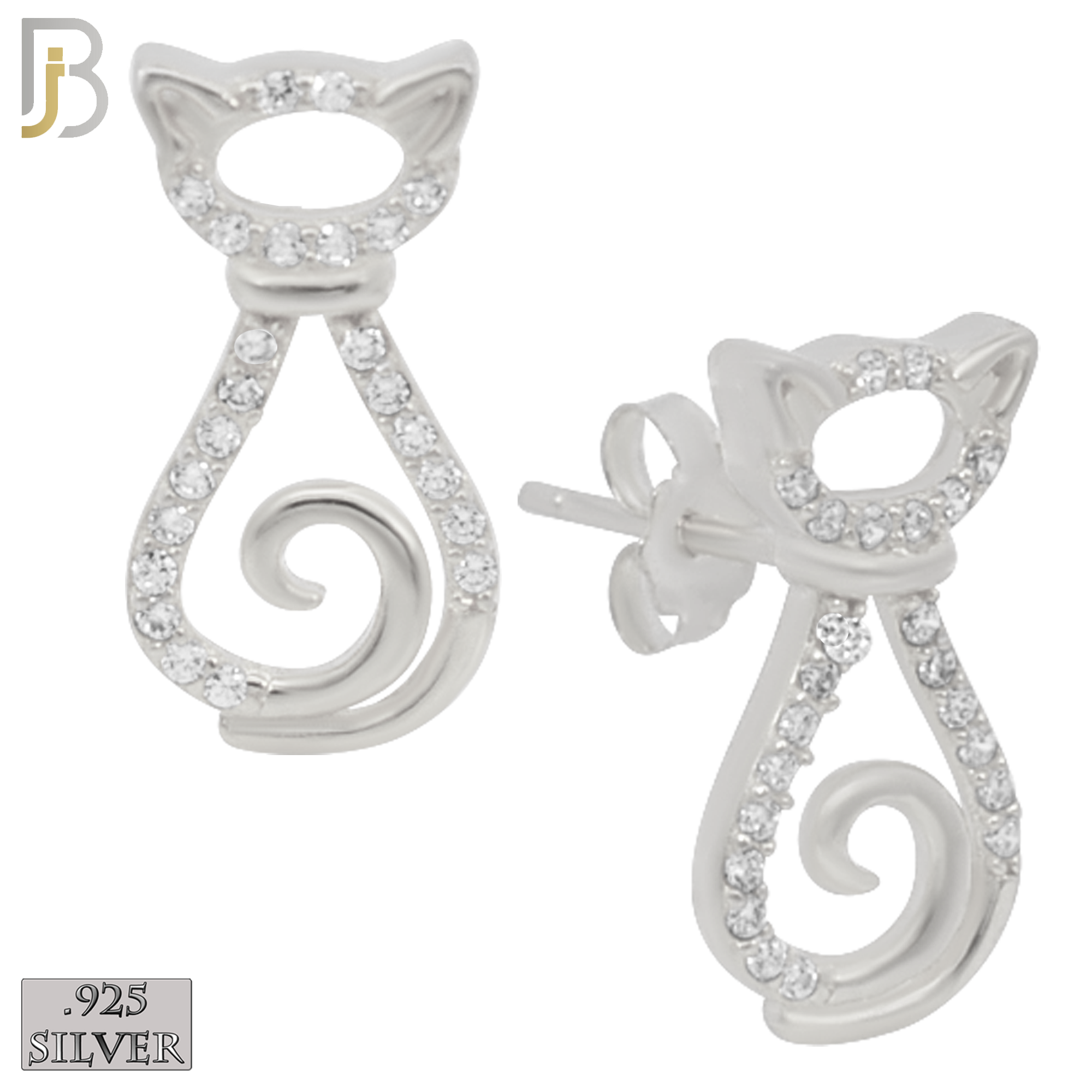 925-ES218 – .925 Sterling Silver Cat Design Earring Stud with Zircon image 1