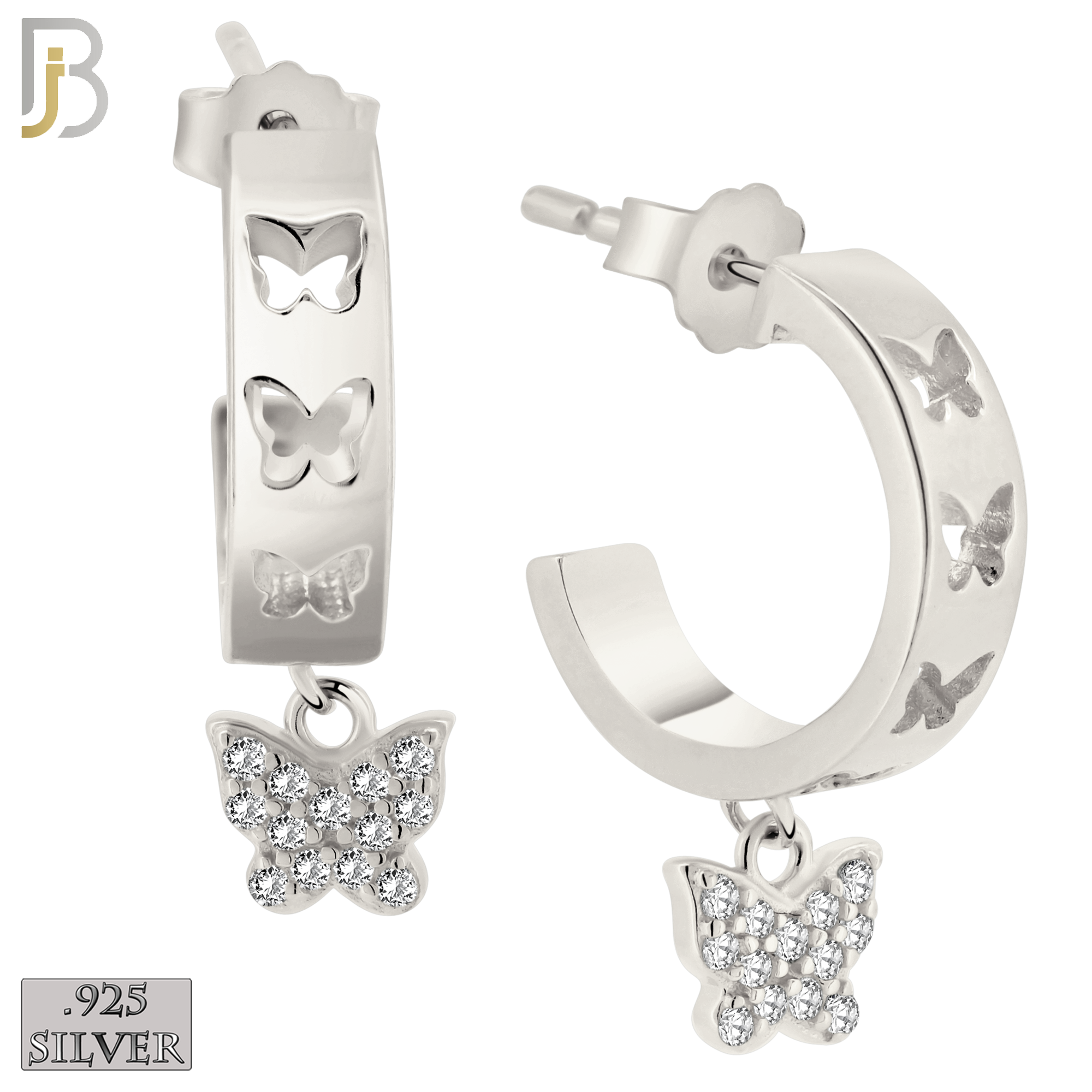 925-ES403 - .925 Sterling Silver Dangling CZ Studded Butterfly Half Hoop Earrings image 0