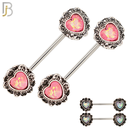 NP17 - 316L Surgical Steel Screw Heart Opal Nipple Ring Piercing image 0