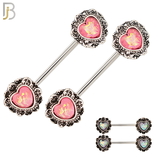 NP17 - 316L Surgical Steel Screw Heart Opal Nipple Ring Piercing image 0