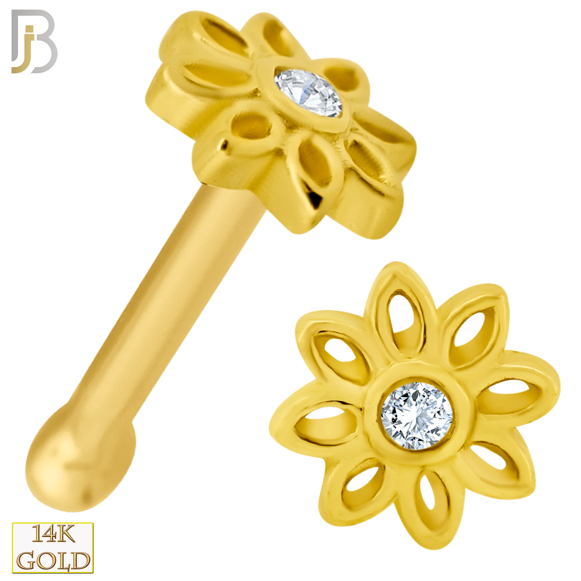 14-NR52B - 14k Solid Gold Nose Bone Flower Design Clear Zircon - Yellow Gold image