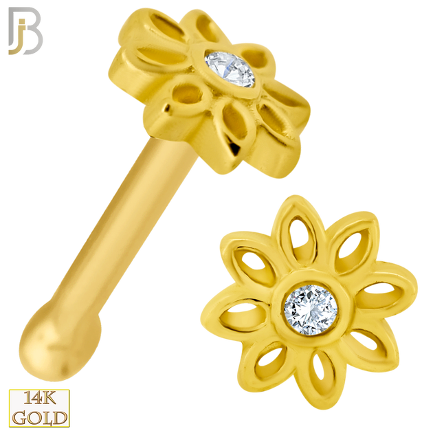 14-NR52B - 14k Solid Gold Nose Bone Flower Design Clear Zircon - Yellow Gold image