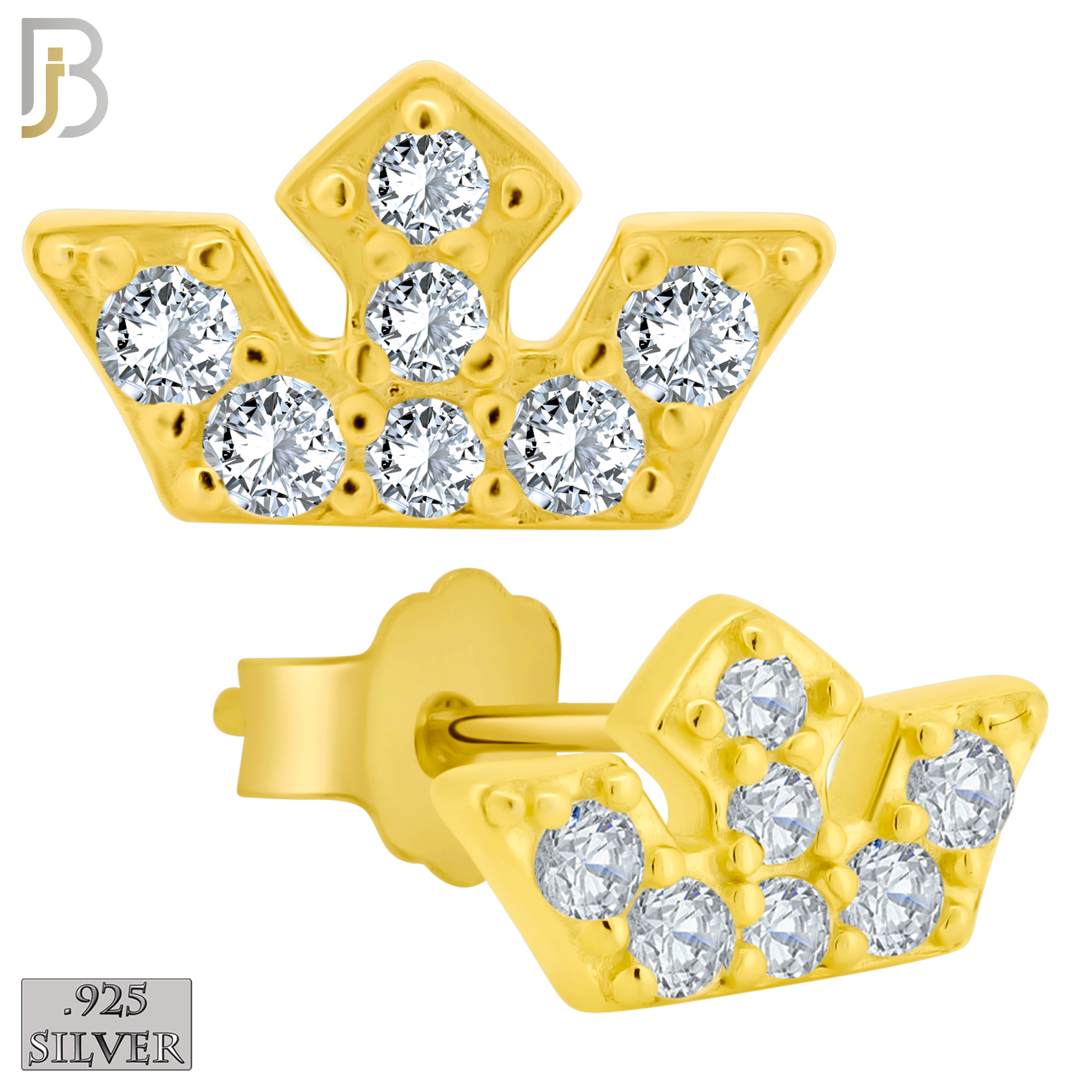 925-ES434 - Push Back - .925 Sterling Silver Three Point Crown with Multi Zircon Earrings Stud image 1