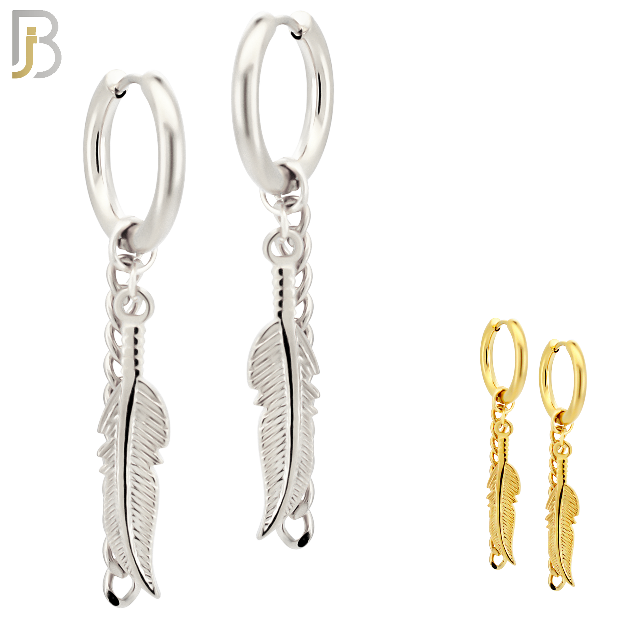 ES50 - 316L Stainless Steel Dangling Feather with Chain Design Huggies Clip On image 0
