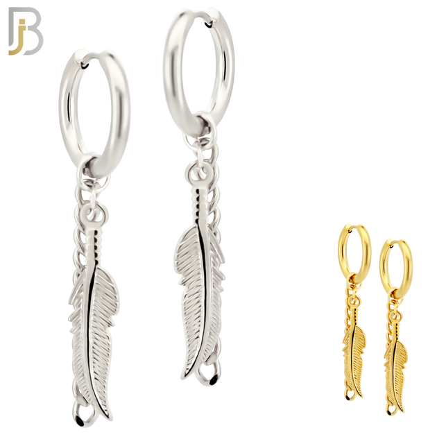 ES50 - 316L Stainless Steel Dangling Feather with Chain Design Huggies Clip On image 0