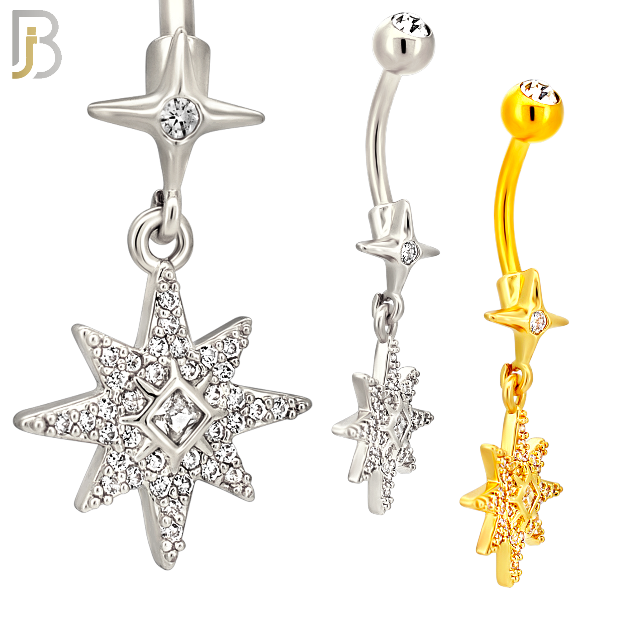 N0147 - 316L Surgical Steel Dangling CZ Studded Starburst Belly Ring image 0