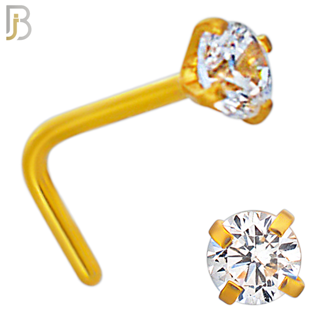 NR10G - 316L Surgical Steel Gold Plated Nose L-Shape Prong Set Zircon Round Nose Ring (PACK OF 6) image 4