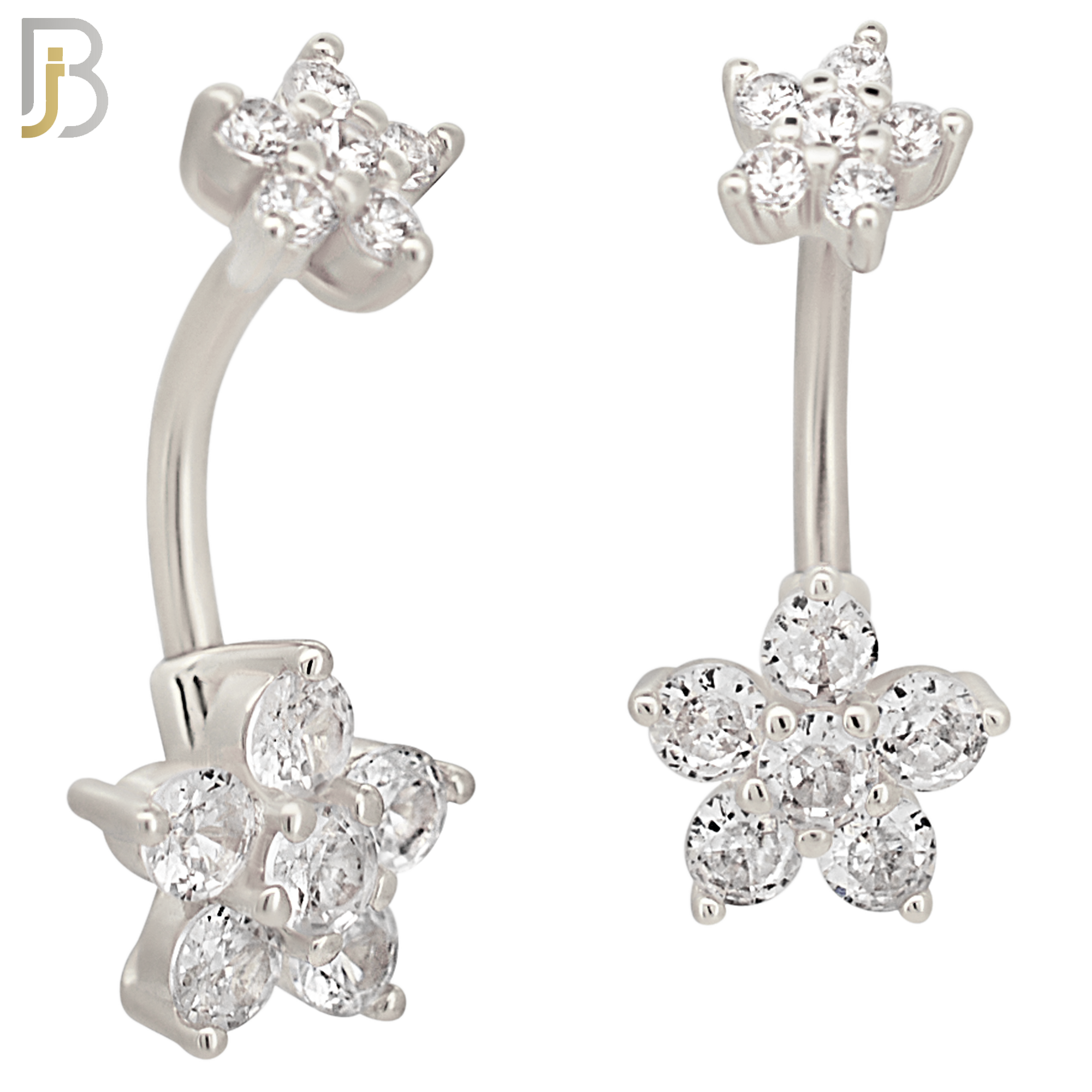 NB71 -  316L Stainless Steel Banana Belly Ring with Double Flower Cubic Zirconia image 1