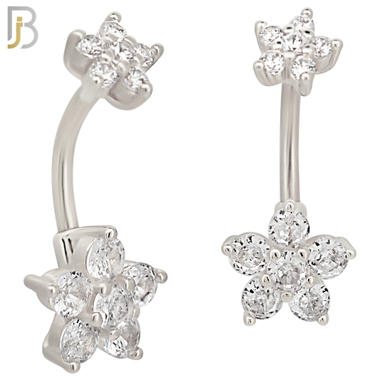 NB71 -  316L Stainless Steel Banana Belly Ring with Double Flower Cubic Zirconia image 1