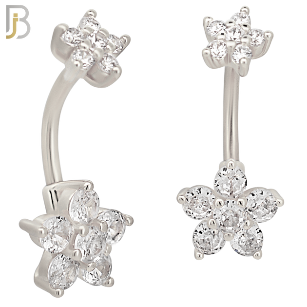 NB71 -  316L Stainless Steel Banana Belly Ring with Double Flower Cubic Zirconia image 1