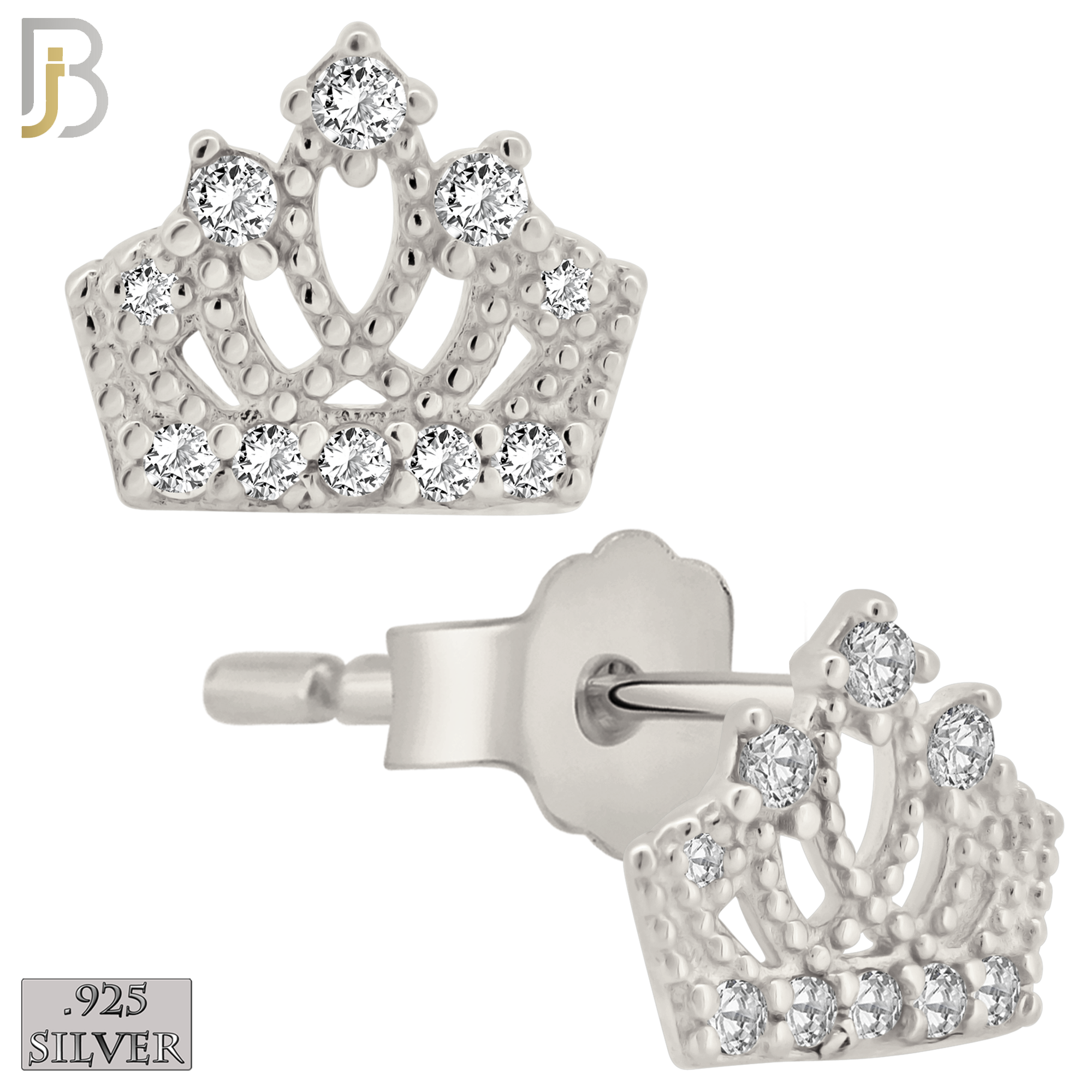 925-ES209 - Push Back - .925 Sterling Silver Crown Design Earring Stud with Clear Zircon image 1