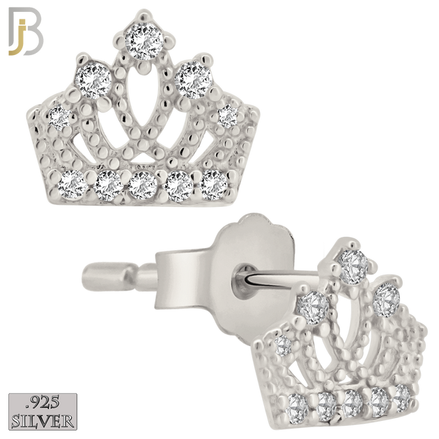925-ES209 - Push Back - .925 Sterling Silver Crown Design Earring Stud with Clear Zircon image 1