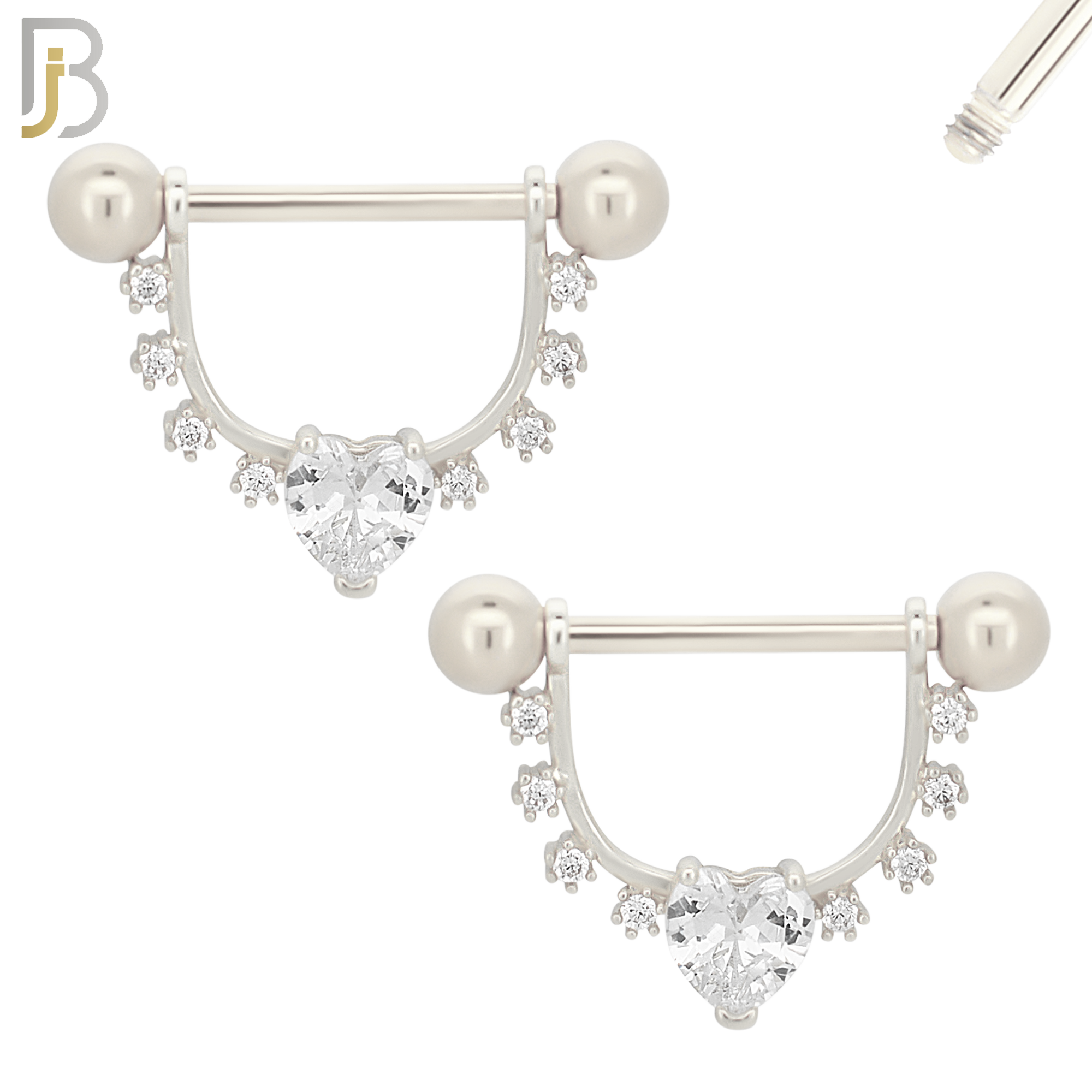 NP64 - 316L Surgical Steel Screw Shield Barbell with Heart Shaped Zircon Design Pair image 1
