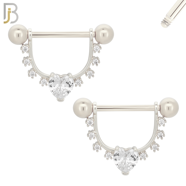 NP64 - 316L Surgical Steel Screw Shield Barbell with Heart Shaped Zircon Design Pair image 1