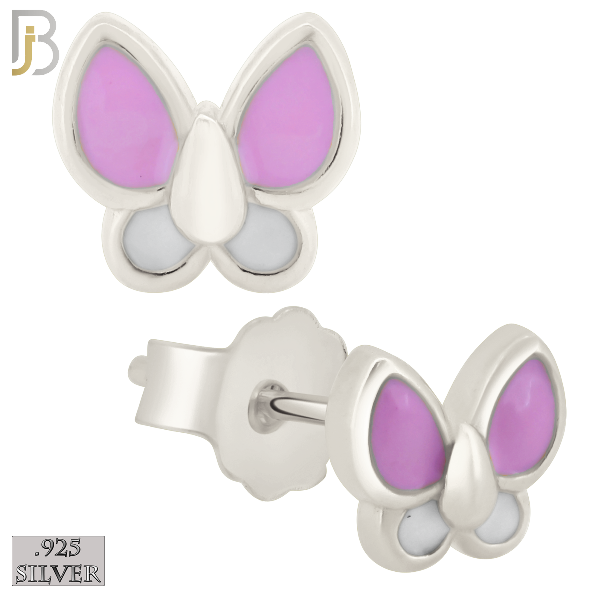 925-ES430 - Push Back - .925 Sterling Silver Pink & White Enamel Butterfly Earrings Stud image 0