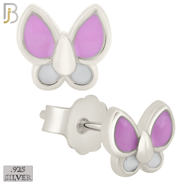 925-ES430 - Push Back - .925 Sterling Silver Pink & White Enamel Butterfly Earrings Stud image 0