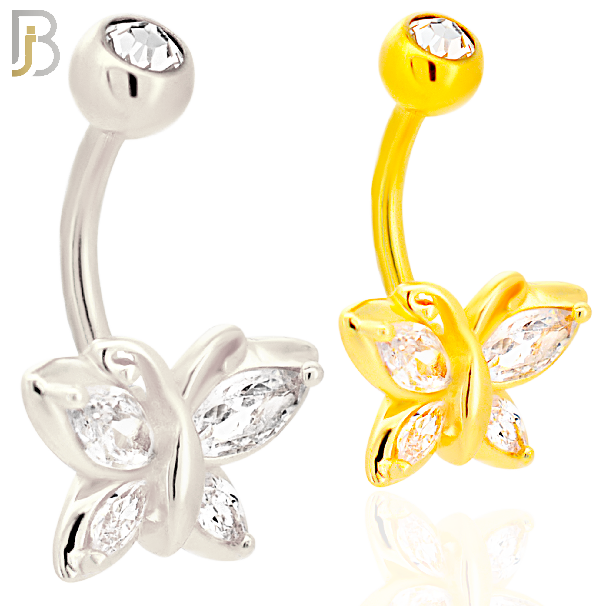 NB69 -  316L Stainless Steel Banana Belly Ring with Butterfly Design Cubic Zirconia image 0