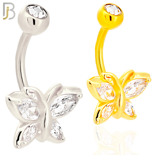 NB69 -  316L Stainless Steel Banana Belly Ring with Butterfly Design Cubic Zirconia image 0
