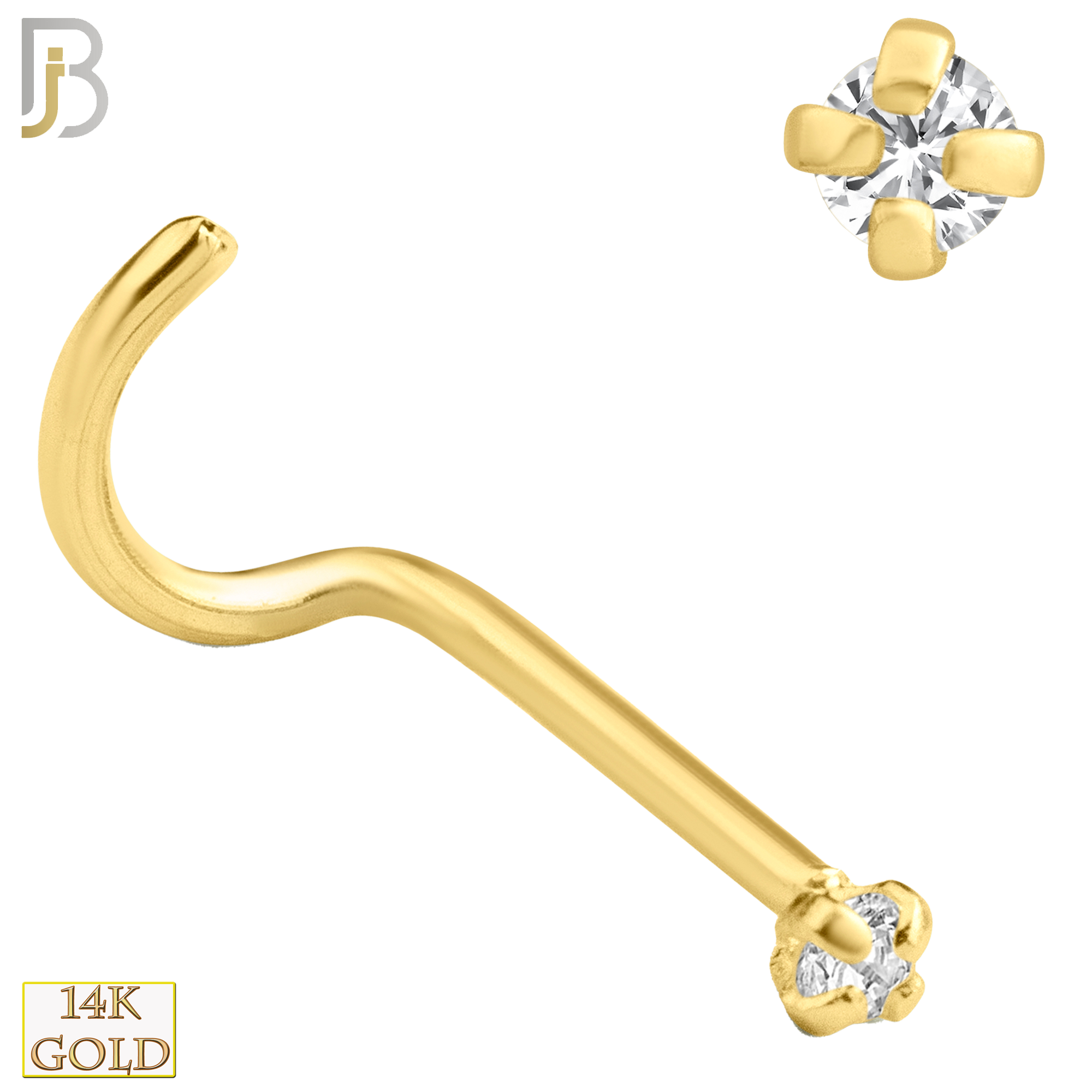 14-NR03CY-22 - 14k Solid Yellow Gold 22g Prong Setting  Round Cubic Zircona Nose Screw, Cork Screw image 2