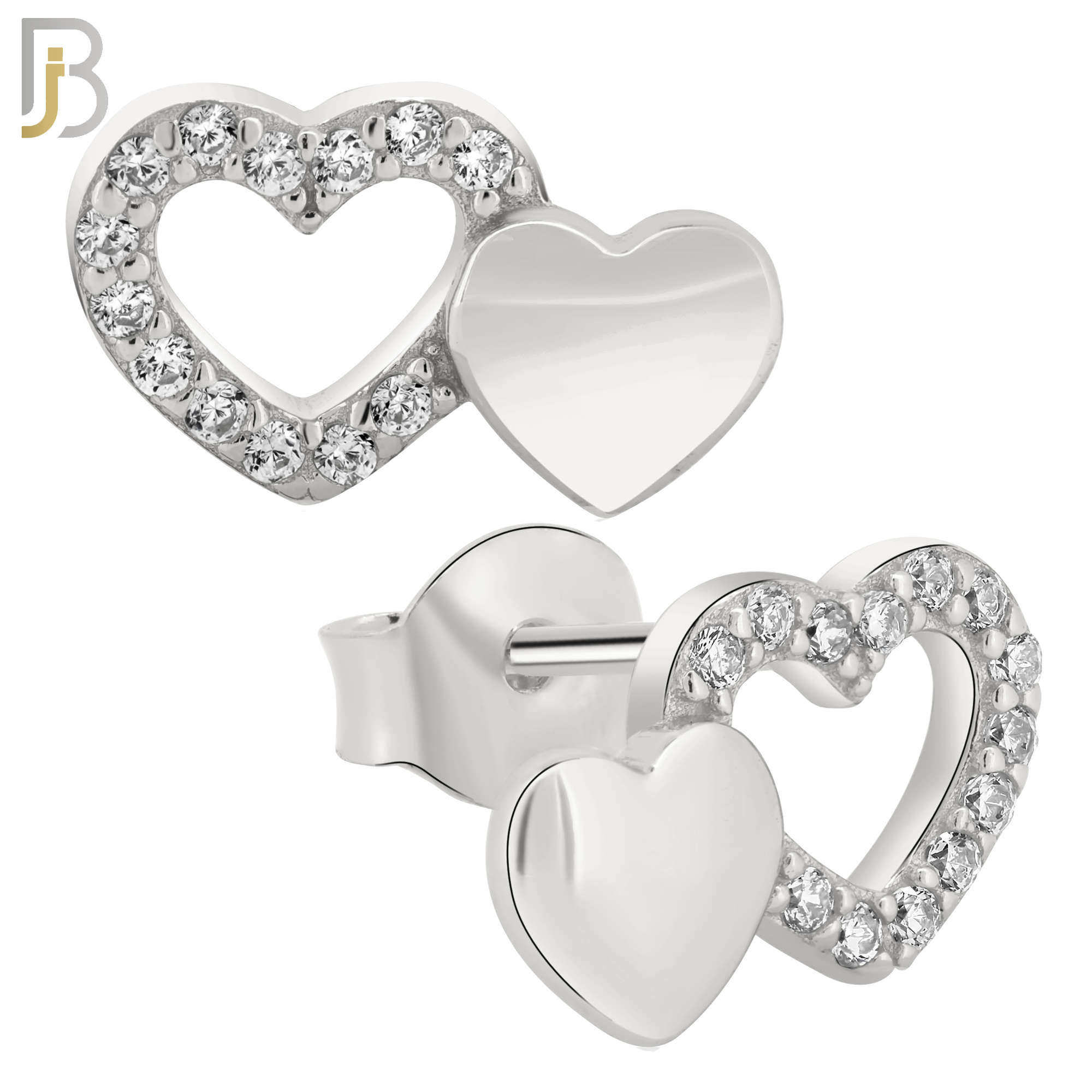 925-ES313 - .925 Sterling Silver Double Heart with Zircon Earring Stud image 1