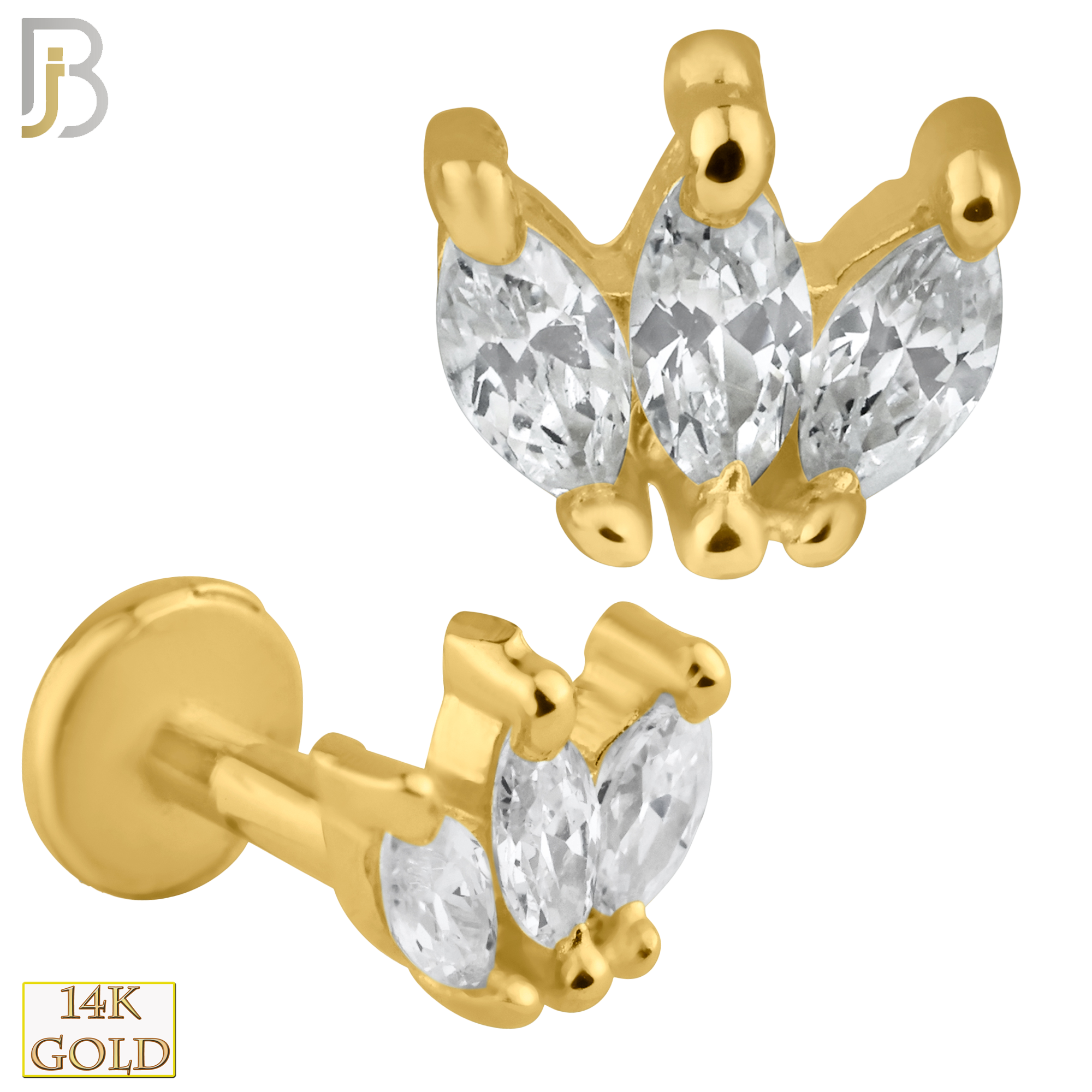 14-LB31 - 14k Solid Gold Three Marquise Zircon Cluster Internally Threaded Labret image 0