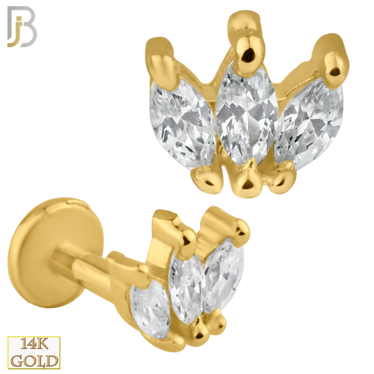 14-LB31 - 14k Solid Gold Three Marquise Zircon Cluster Internally Threaded Labret image 0