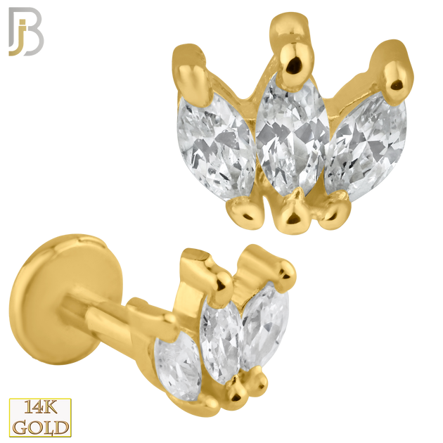 14-LB31 - 14k Solid Gold Three Marquise Zircon Cluster Internally Threaded Labret image 0