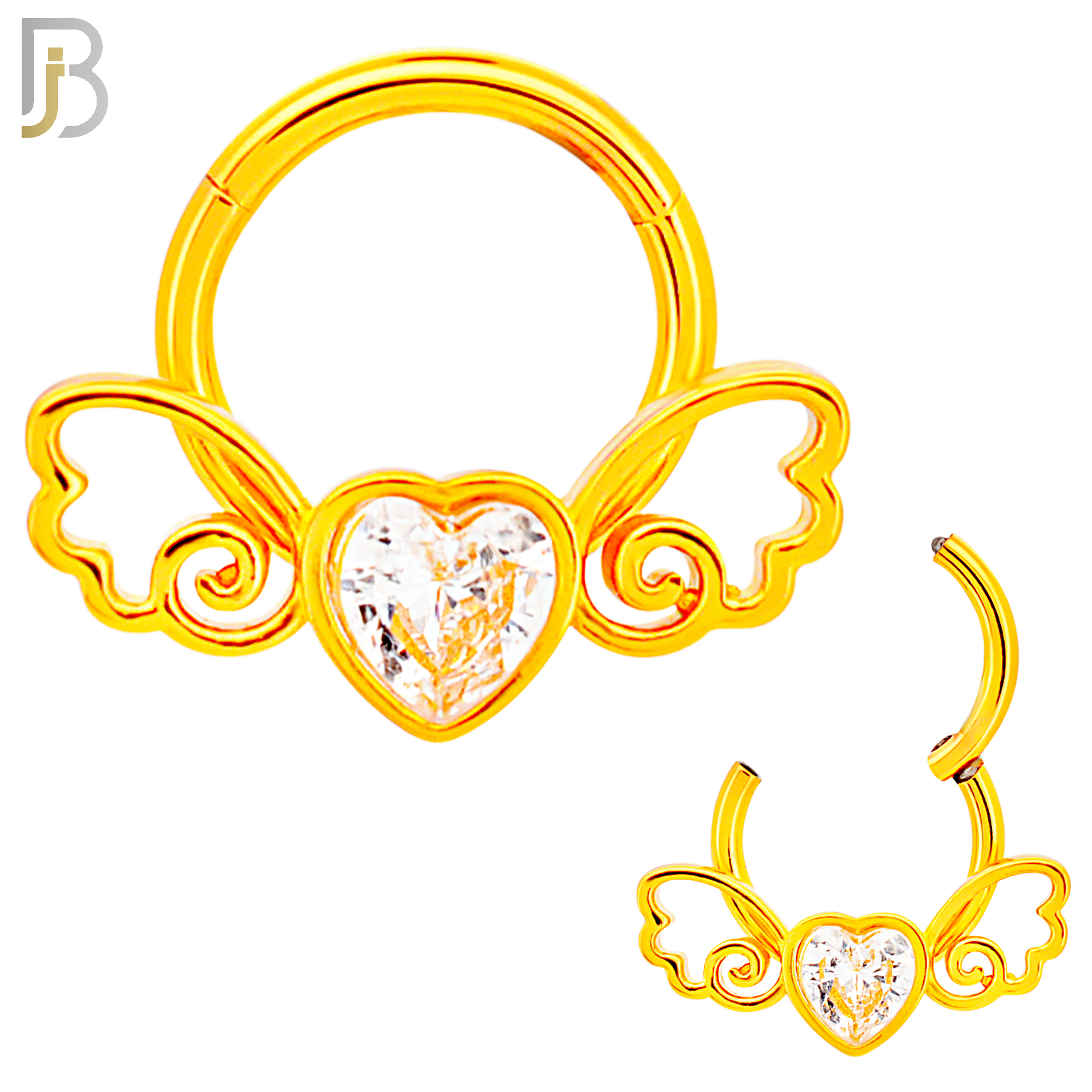 CT124 - 316 Surgical Steel Heart Shaped CZ in Bezel Set with Wings Hinged Hoop  (Pack of 6) image 2