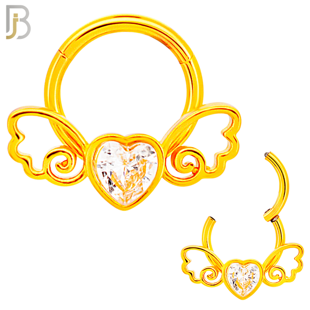 CT124 - 316 Surgical Steel Heart Shaped CZ in Bezel Set with Wings Hinged Hoop  (Pack of 6) image 2