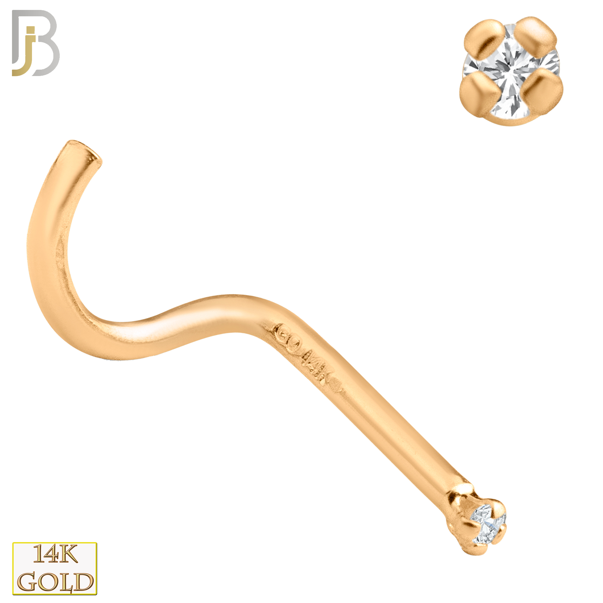 14-NR03CR-20 - 20g Thickness 14k Solid Rose Gold Prong Setting  Round Cubic Zircona Nose Screw, Cork Screw image 1