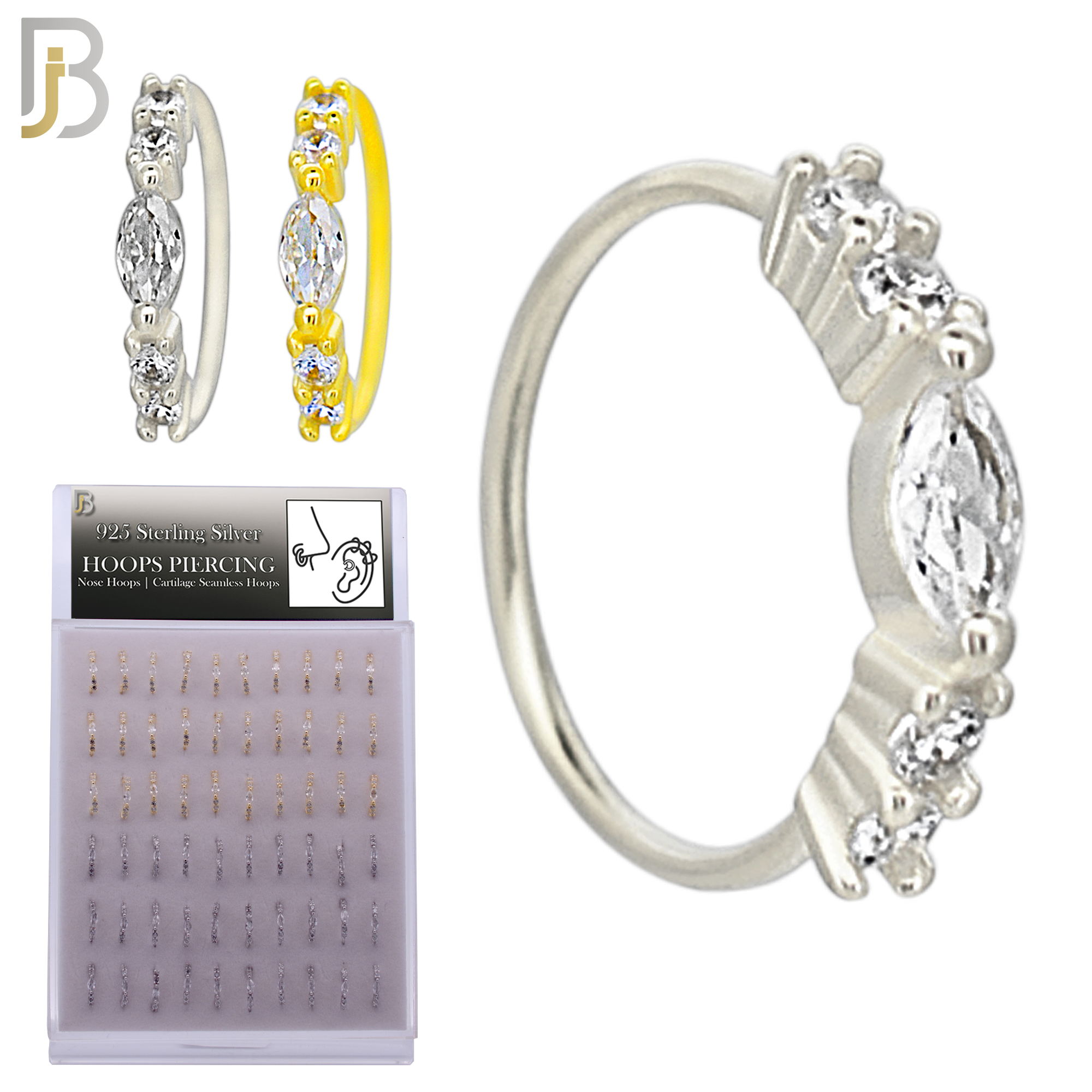 925-PK-CT102M -  925 Sterling Silver Hoops with Marquise Shaped Cubic Zirconia Nose Hoop - Pack of 60 pcs image 1